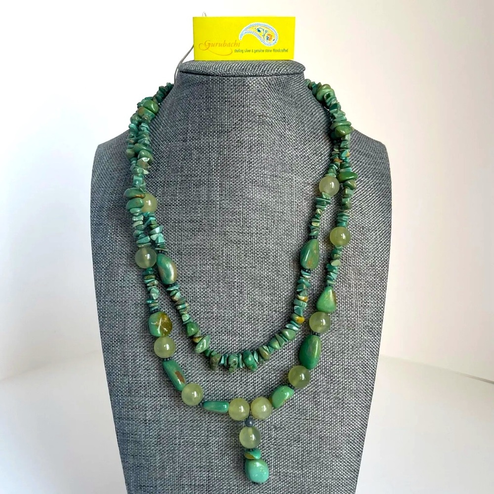 GURUBACHI Sterling Silver Turquoise Green Agate and Pearl bead Necklace
